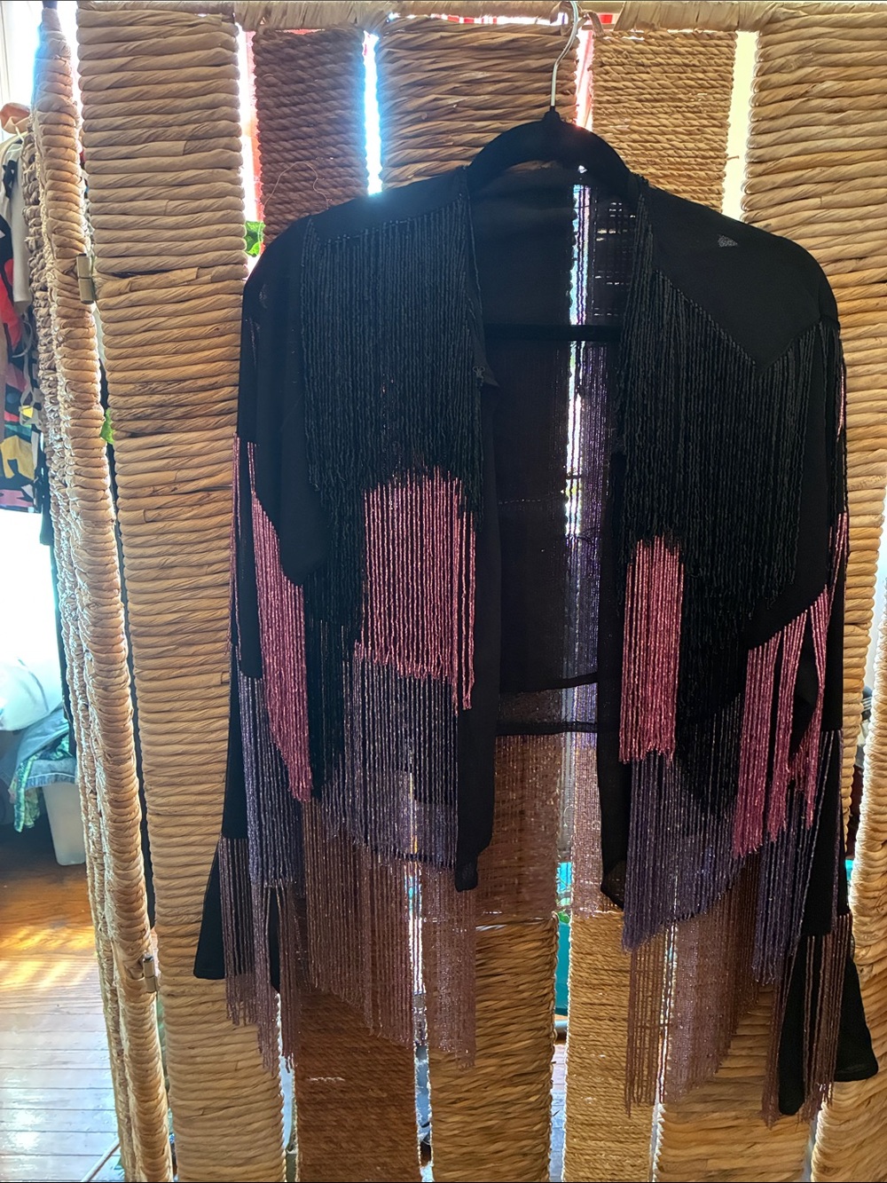 Black Fringe Knit Sweater with Pink and Purple Accents